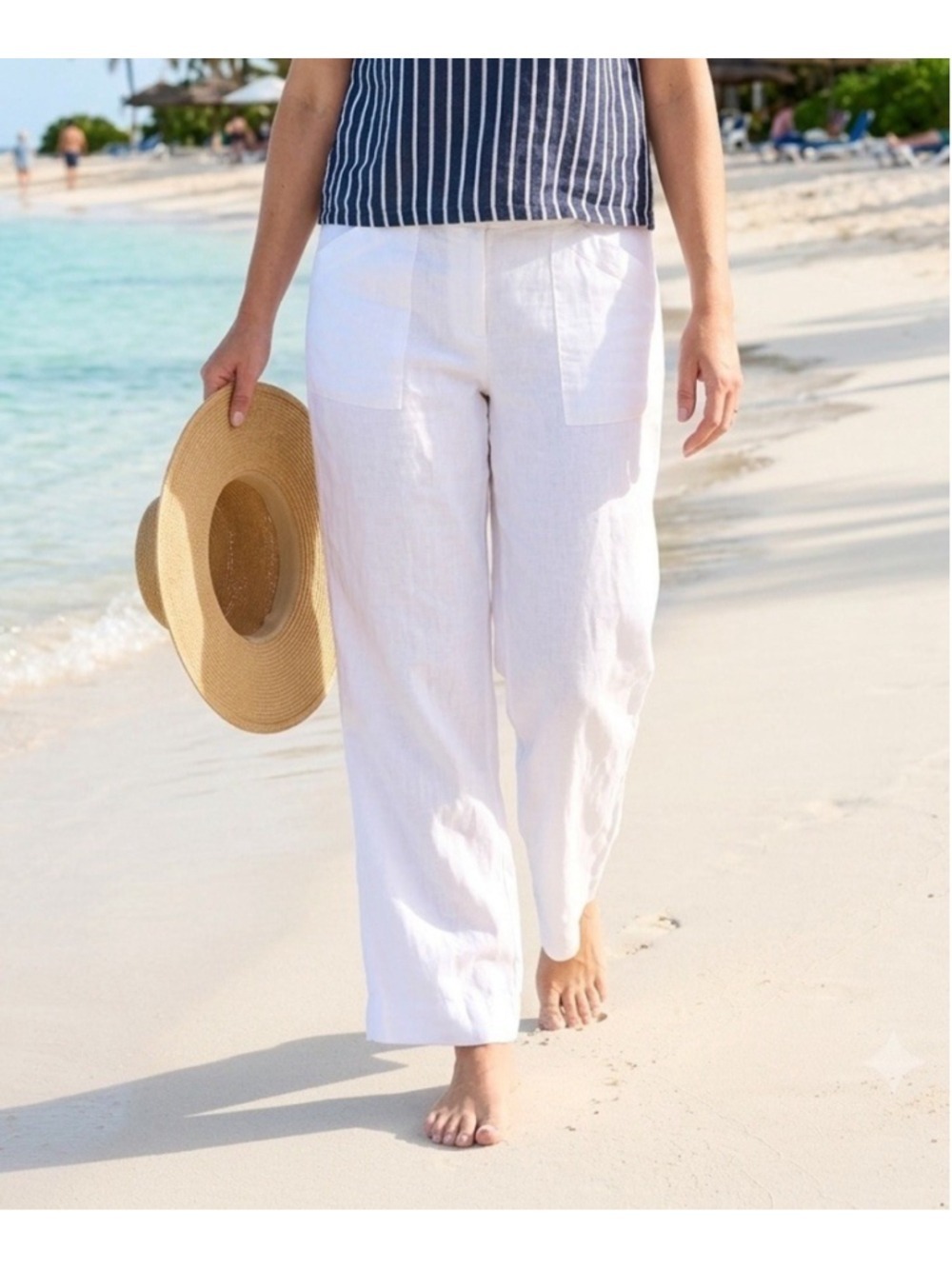 Chico’s 100% Linen Wide Leg Pants L White High Rise Beach Coastal Vacation Boho